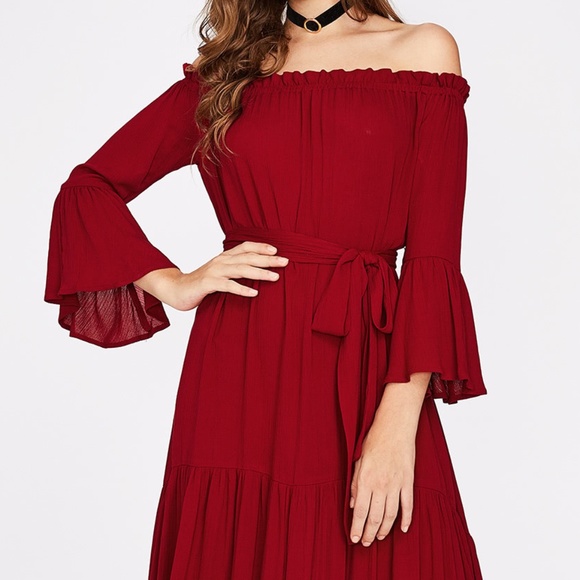 Perfect Red Bell Sleeve Bardot Dress - Picture 6 of 8